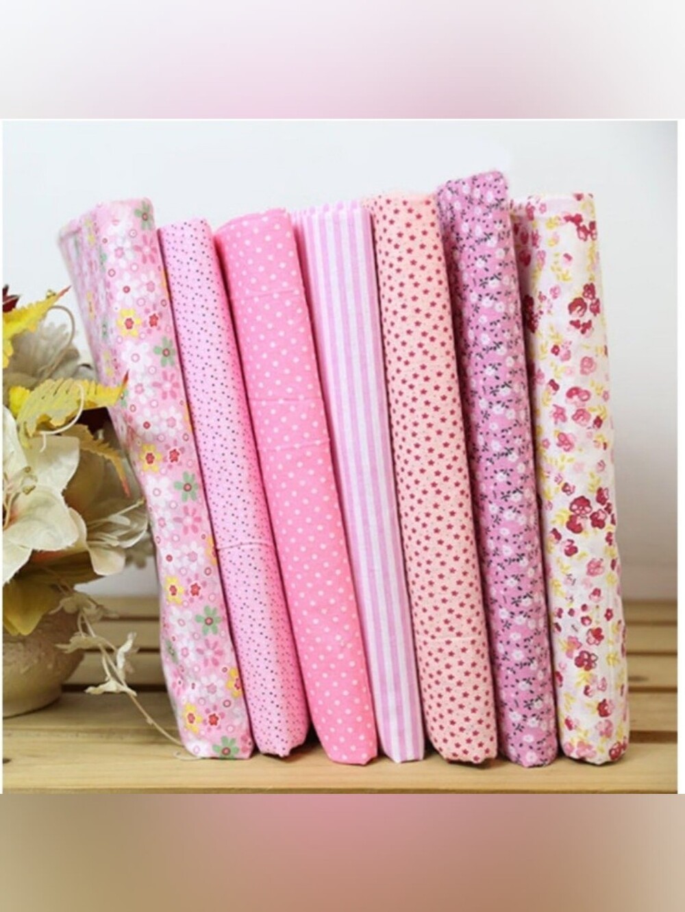 7 Pieces Pink Floral and Polka Dot Fabric Bundle - 10" X 10"